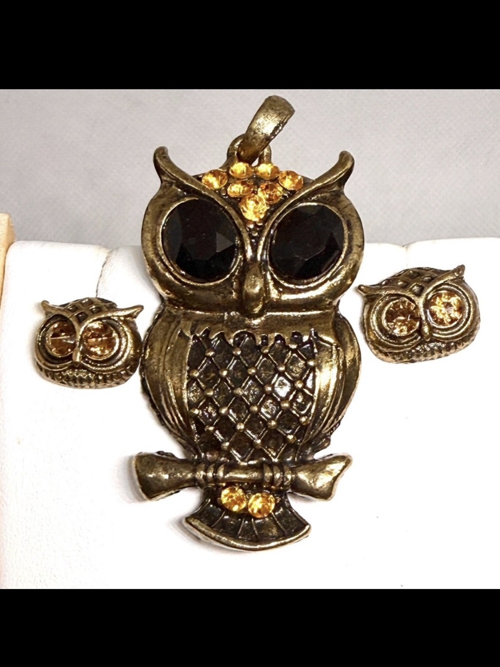 Gold tone and black owl pendant & post type earrings Women’s jewelry